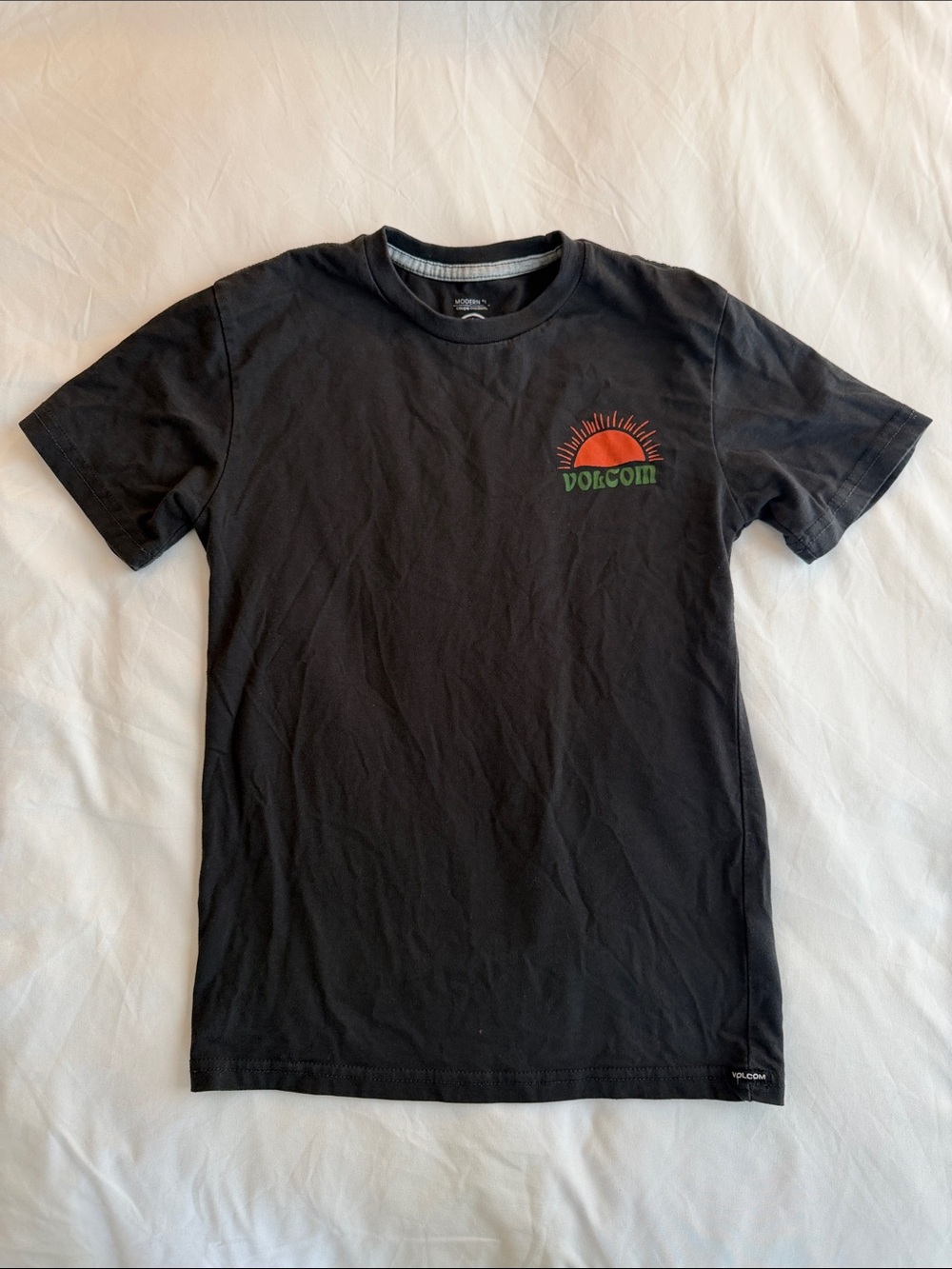 Volcom Black Tee with Red Sun and Green Logo Chest Graphic